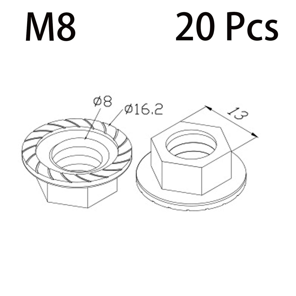 20pcs M8 Hexagon Flange Nuts, Carbon Steel Nickel Plated for Hammer Head Bolt T Screw T-Slot Aluminum Profile,High Strength,Dedicated for T-Bolt Flange Nuts