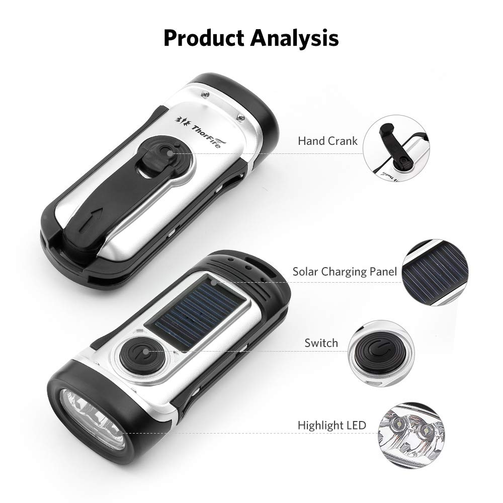 ThorFire Solar Flashlight Hand Crank Solar Powered Rechargeable Flashlight IPX6 Waterproof LED Emergency Lights Dynamo Torch Ideal for Camping Outdoor Climbing Backpack Hiking
