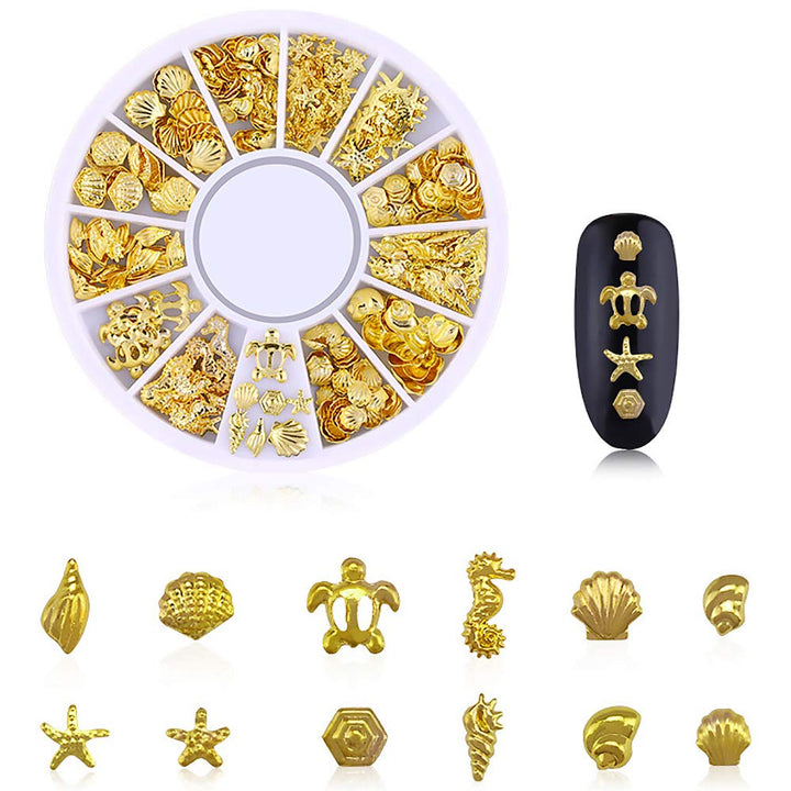 6 Boxes Gold Hollow Nail Metal Studs Modern Cross Geometry Nail Art Charm 3D Nail Jewelry Decoration With 1Pc Tweezers And Picker Pencil
