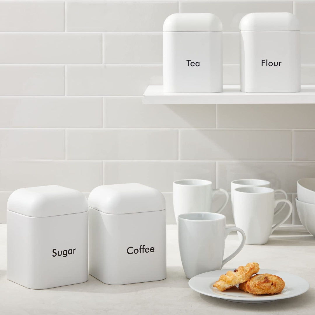 4-Piece White Stainless Steel Kitchen Canister Set, Countertop Storage for Tea, Coffee, Sugar, Flour (40oz)