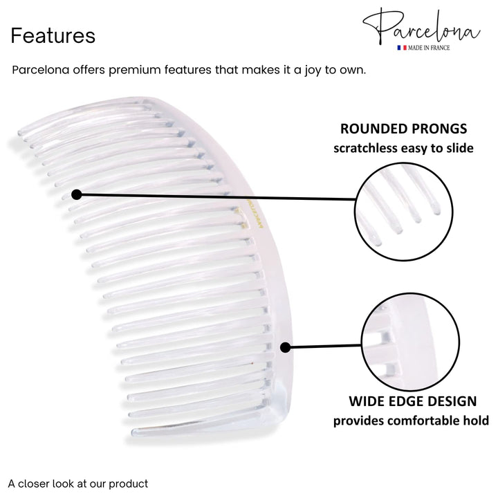 French Pair of Clear Crystal Color Large Glossy Cellulose Acetate Good Grip Updo 23 Teeth Hair Side Combs 4.25 Inches