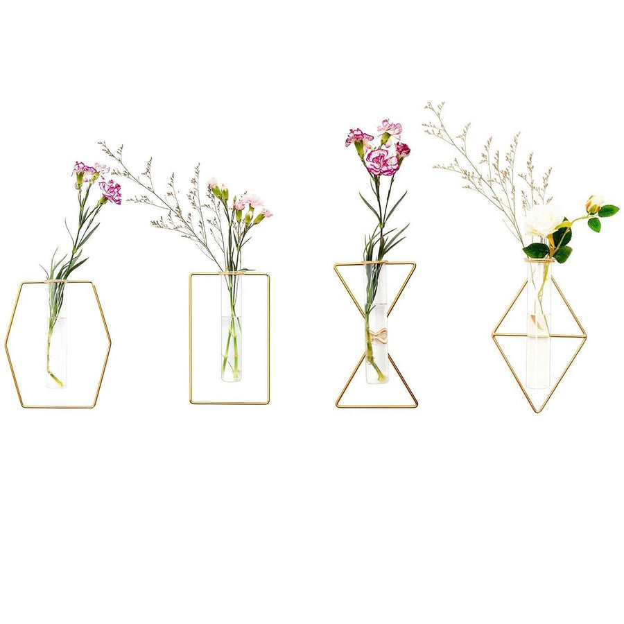 Pack of 2 Wall-Mounted Hydroponic Planters, Hanging Flower Vases, Home Decor Geometric Terrariums, Hydroponic Glass Containers with Gold Metal Frames