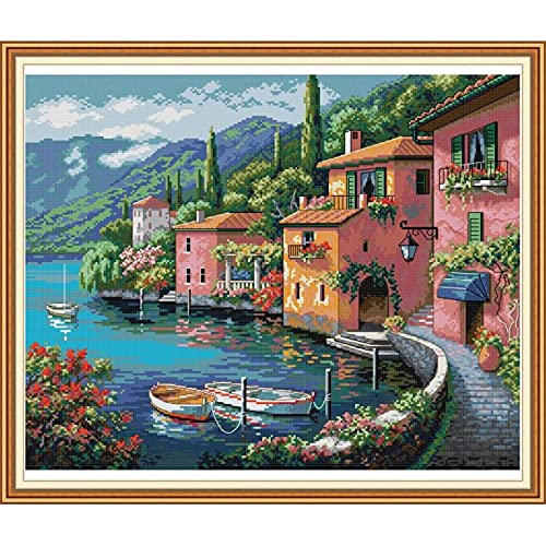 Cross Stitch Kits Stamped Full Range of Embroidery Starter Kits for Beginners DIY 14CT 2 Strands -Colorful House by The Water(Printed) 20.5×17.3 inch