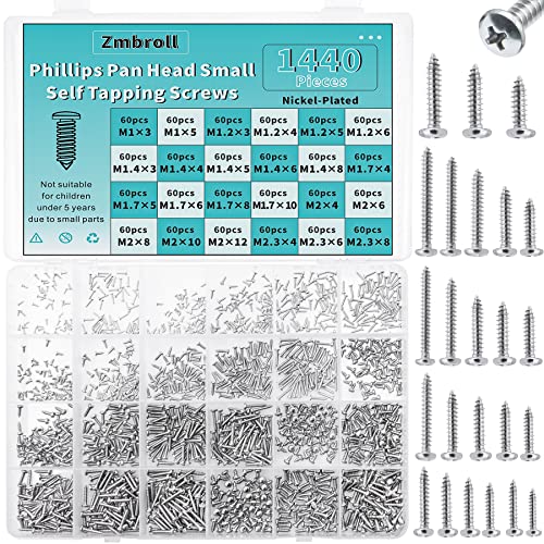 1440Pcs Mini Screws Small Self Tapping Screws,Phillip Pan Head Micro Screws, Tiny Electronic Screws,M1 M1.2 M1.4 M1.7 M2 M2.3 Silver Screws 24 Size Assortment Screw kit