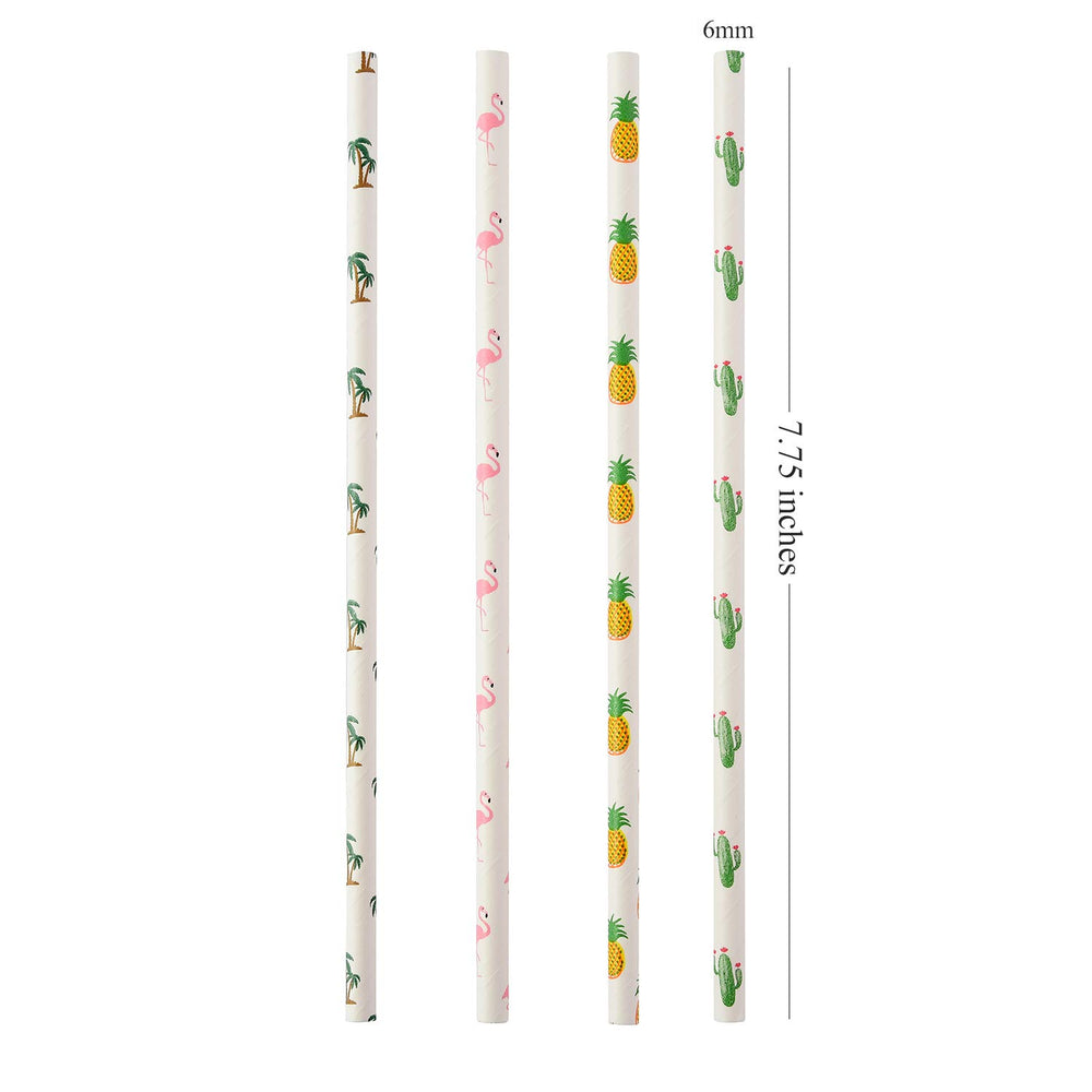 Hawaiian Tropical Party Paper Straws, Flamingo/Pineapple/Cactus/Coconut Tree Biodegradable Straws for Beach Cocktail Luau Decorations, Pack of 100
