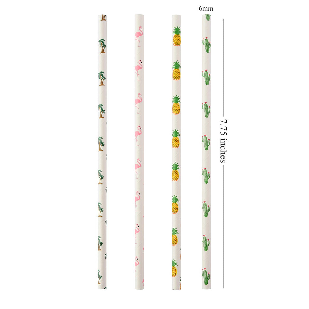 Hawaiian Tropical Party Paper Straws, Flamingo/Pineapple/Cactus/Coconut Tree Biodegradable Straws for Beach Cocktail Luau Decorations, Pack of 100