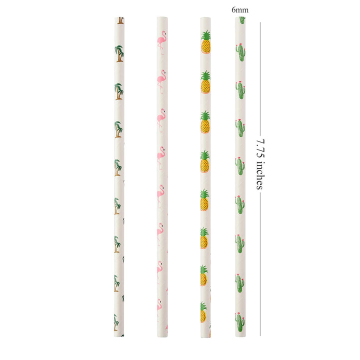 Hawaiian Tropical Party Paper Straws, Flamingo/Pineapple/Cactus/Coconut Tree Biodegradable Straws for Beach Cocktail Luau Decorations, Pack of 100