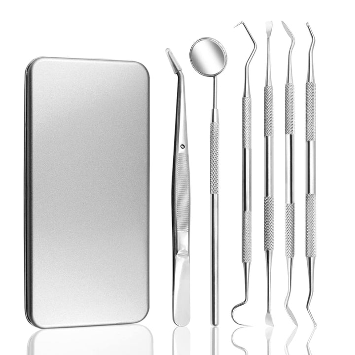 Dental Hygiene Kit Dental Tools Set Stainless Steel Dentist Use Dental Pick Floss Gum Tools Stainless Steel Tarter Scraper Tooth Pick Dental Scaler and Tweezers Oral Mirror Probe Tool