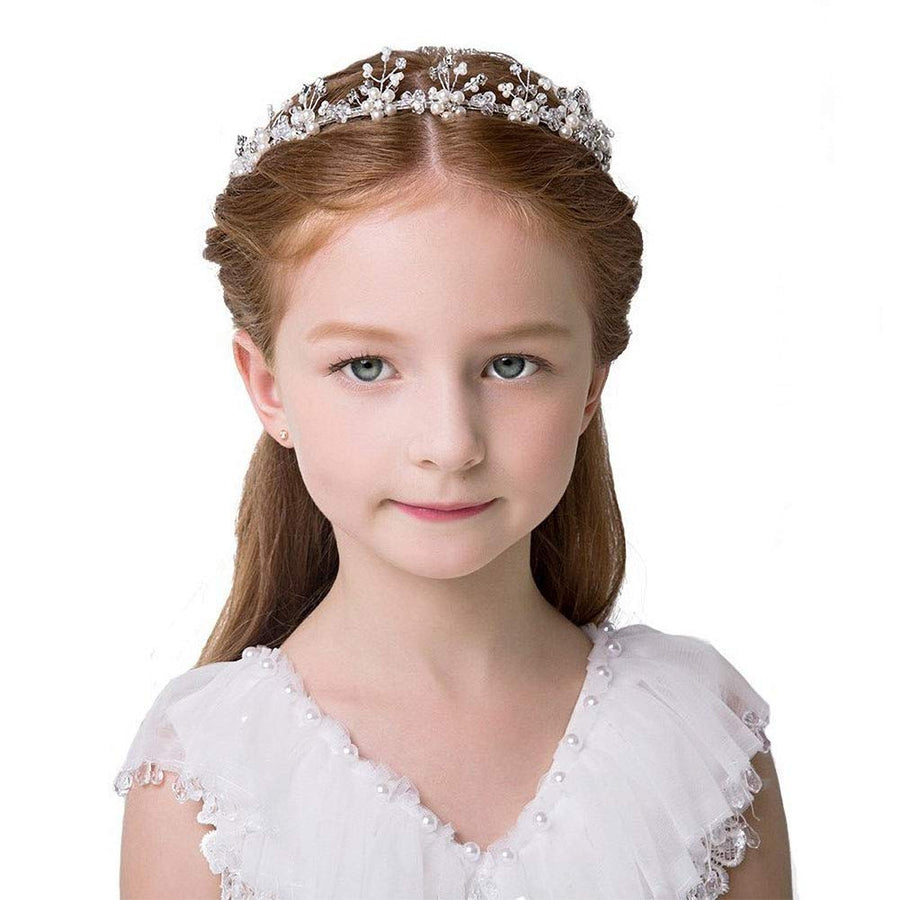 Flower Girl Hair Accessory, Pearl Headband Princess Wedding Headpiece Crystal Headwear for Wedding Tiara Hair Pieces Baby Girl-Suitable for Shows, Children' Day(White)