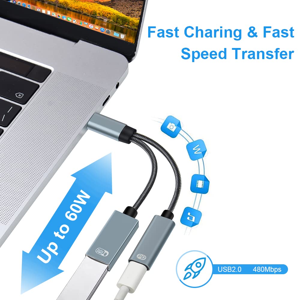 USB C OTG Adapter, 2 in 1 USB-C Splitter with PD 60W Fast Charging Type C OTG and USB A Female Port Compatible with iPhone 15 Pro Max/15 Plus/15 Chromecast Google TV/Samsung S23 S22 S21