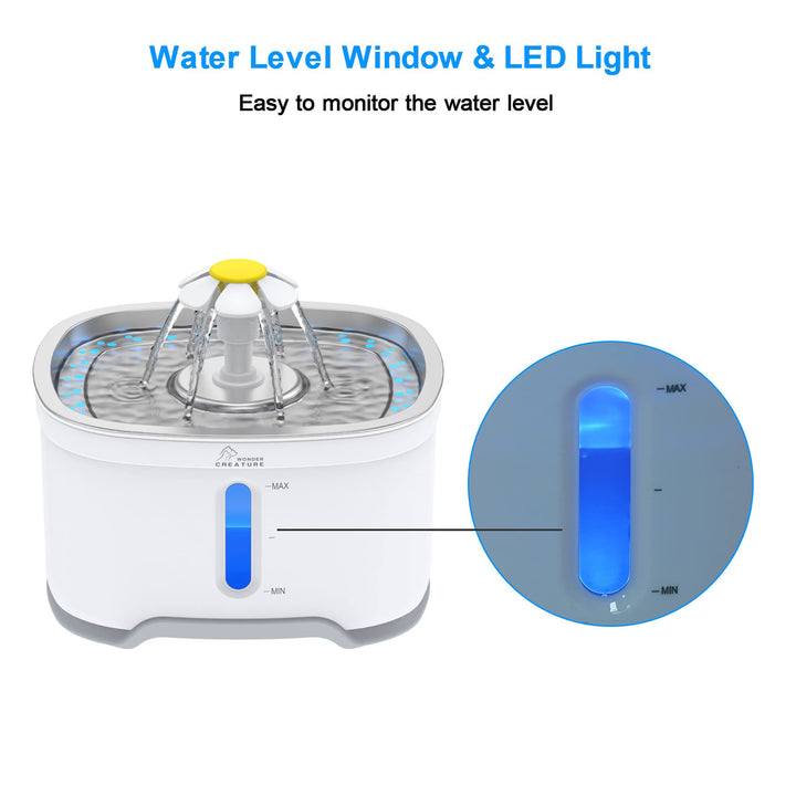 Cat Water Fountain Stainless Steel, 84oz/2.5L Automatic Pet Water Fountain with Water Level Window and LED Light for Water Shortage Alert