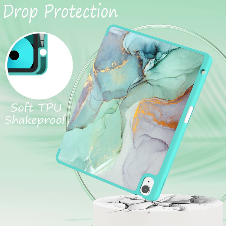 Case for iPad Air 5th/4th Generation Case, Slim Trifold iPad Air 5/4 Case 10.9 Inch 2022/2020 Soft TPU Back Cover with Pencil Holder & Auto Wake/Sleep for iPad Air 5th/4th Gen, Green Marble