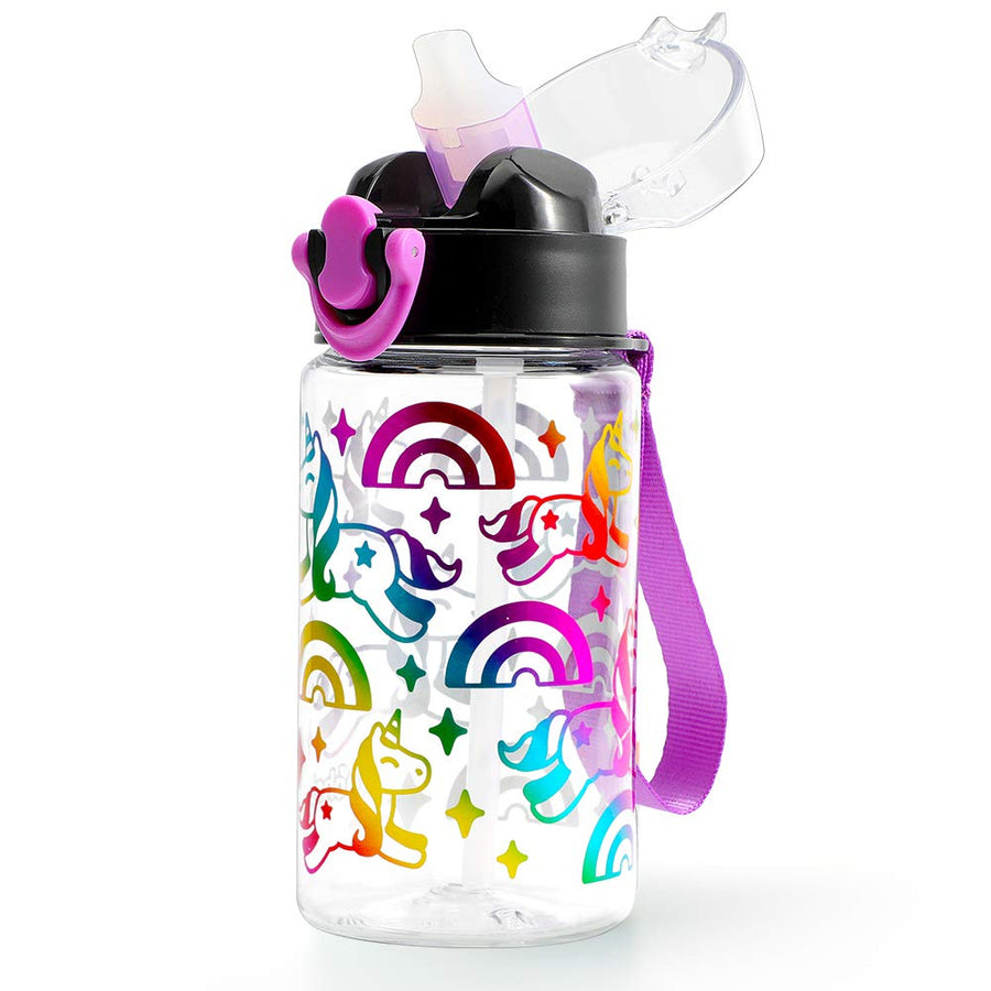 Cute Water Bottle with Straw for Kids Girls Boys, BPA Free Tritan & Leak Proof Flip Top & Soft Silicone Sipper & Easy Clean, 15oz / 450ml (Rainbow Unicorn)