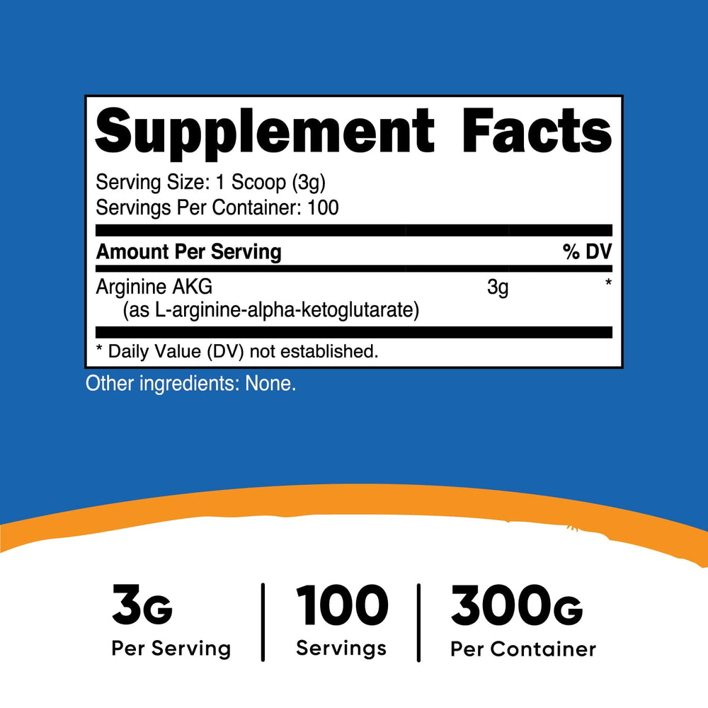 Arginine AKG Powder 300 Grams (AAKG) - 3G Per Serving & 100 Servings - Pure Arginine Alpha Ketoglutarate