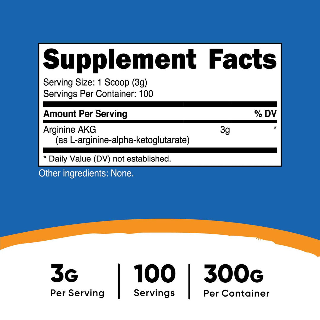 Arginine AKG Powder 300 Grams (AAKG) - 3G Per Serving & 100 Servings - Pure Arginine Alpha Ketoglutarate