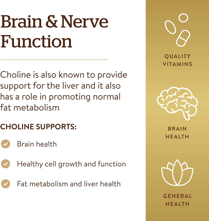 Solgar Choline 350 mg, 100 Vegetable Capsules - Supports Healthy Brain & Cellular Function - Vegan, Gluten and Dairy Free, Kosher - 100 Servings