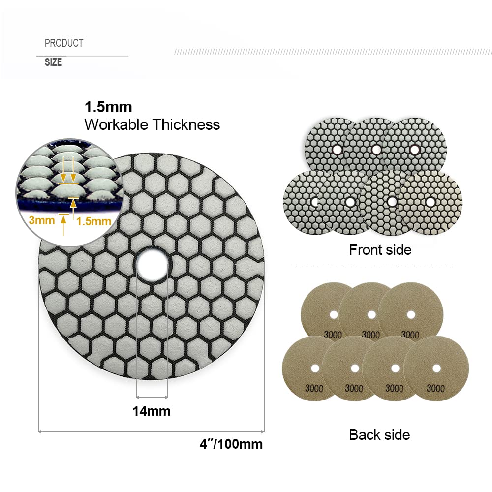 7Pcs 4 Inch Dry Diamond Polishing Pads Grit 3000 for Granite Marble Stone Sanding Disc