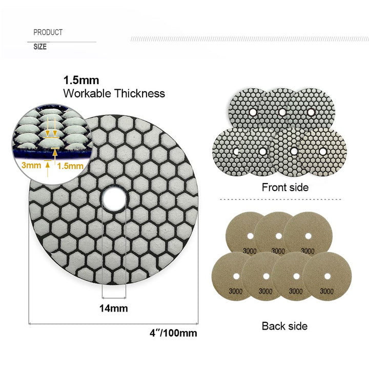 7Pcs 4 Inch Dry Diamond Polishing Pads Grit 3000 for Granite Marble Stone Sanding Disc