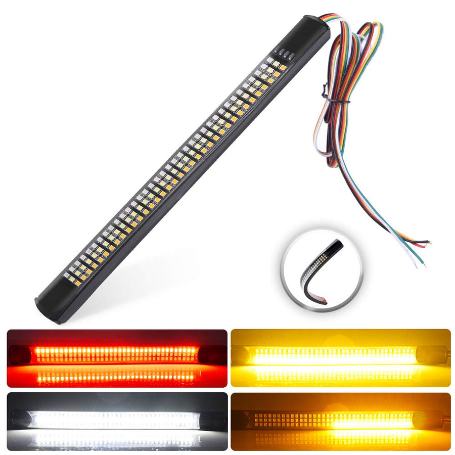 Motorcycle 9 Inches Red/White/Amber Led Tail lights Triple 108 LED Lights Strip with Turn Signal Brake Stop Reverse Running Light License Plate Light, Flexible Led Light for Motorcycles