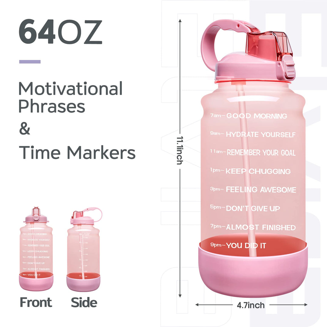 Half Gallon/64oz Motivational Time Marker Water Bottle with Straw & Protective Silicone Boot, BPA Free Anti-Slip Leakproof for Fitness, Gym and Outdoor Sports