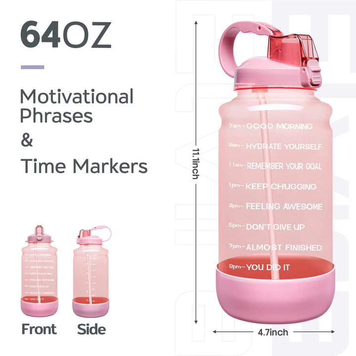 Half Gallon/64oz Motivational Time Marker Water Bottle with Straw & Protective Silicone Boot, BPA Free Anti-Slip Leakproof for Fitness, Gym and Outdoor Sports