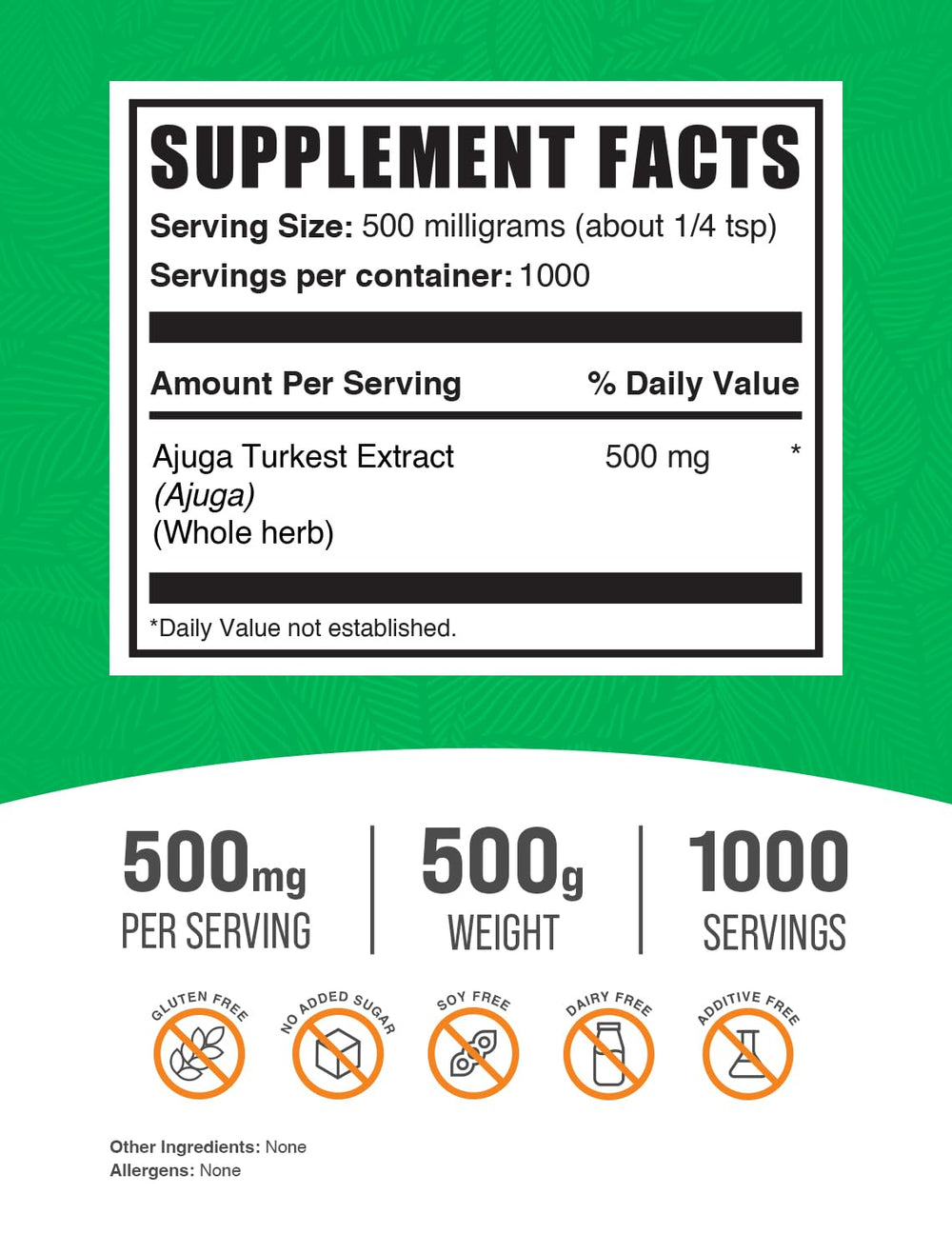 .com Ajuga Turkest Extract Powder - Herbal Supplement Powder, Ajuga Powder, Ajuga 500mg - Pure & Gluten Free, 500mg per Serving, 500g (1.1 lbs) (Pack of 1)