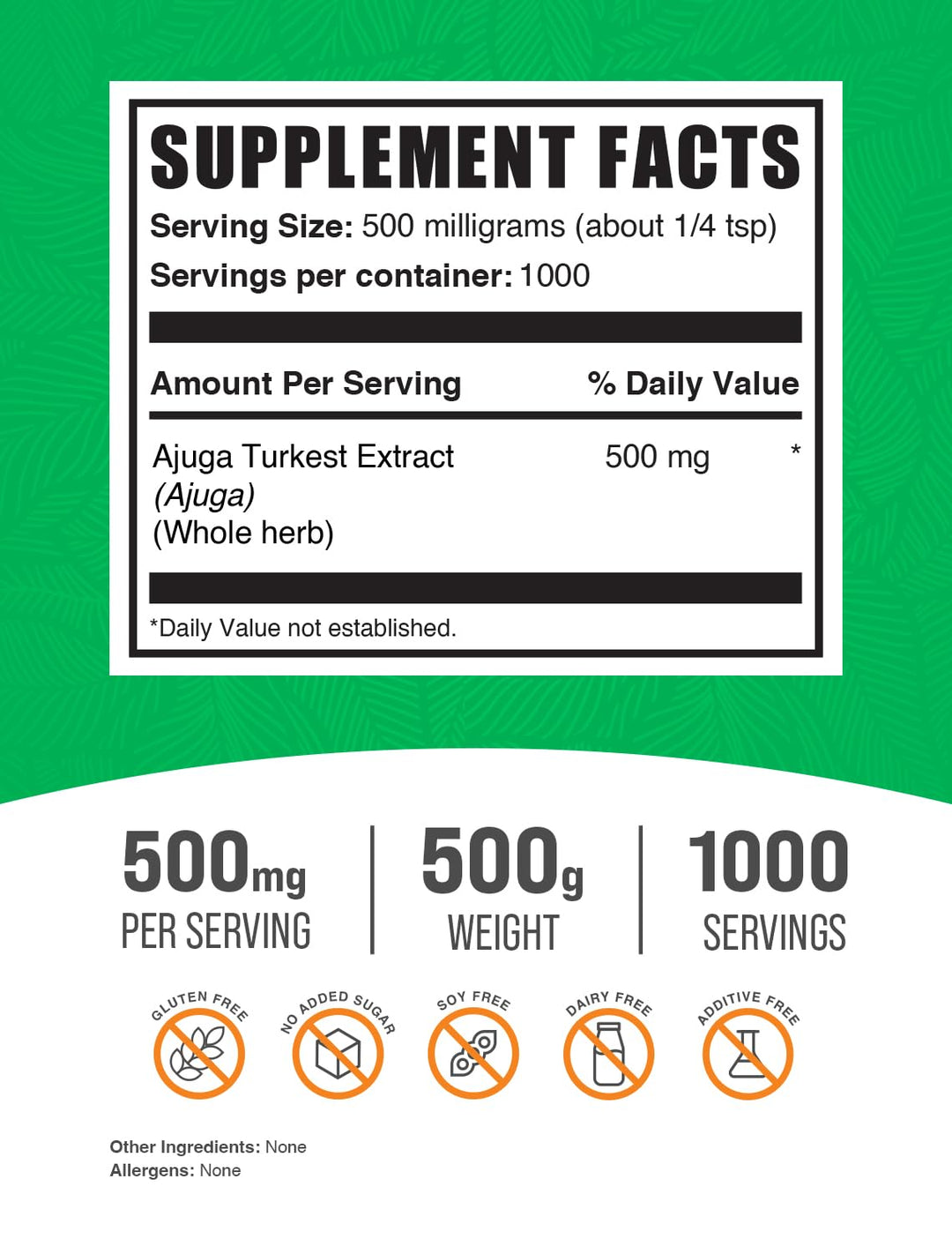.com Ajuga Turkest Extract Powder - Herbal Supplement Powder, Ajuga Powder, Ajuga 500mg - Pure & Gluten Free, 500mg per Serving, 500g (1.1 lbs) (Pack of 1)