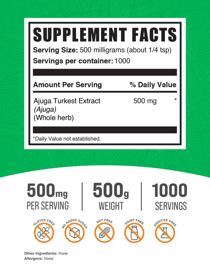 .com Ajuga Turkest Extract Powder - Herbal Supplement Powder, Ajuga Powder, Ajuga 500mg - Pure & Gluten Free, 500mg per Serving, 500g (1.1 lbs) (Pack of 1)