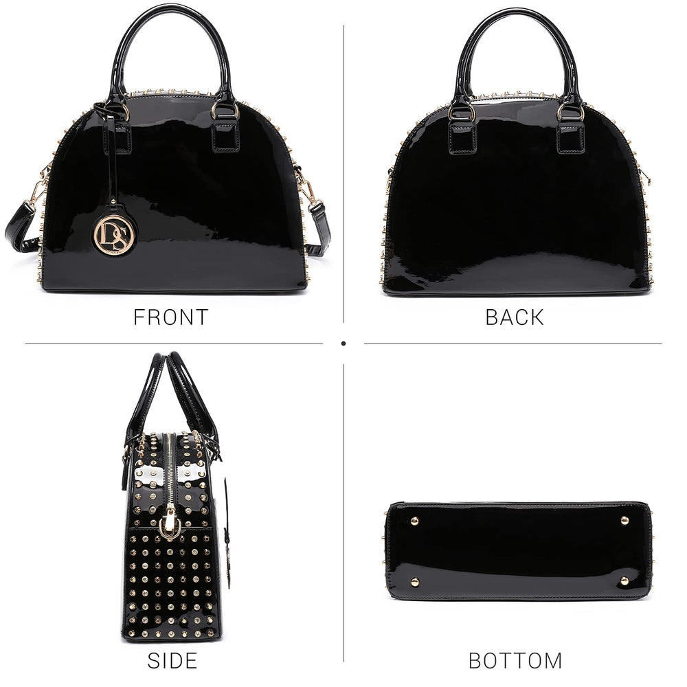 Women Patent Leather Purses Handbags Dome Satchel Purse Work Tote Structured Shoulder Bag with Long Strap (Dark coffee)