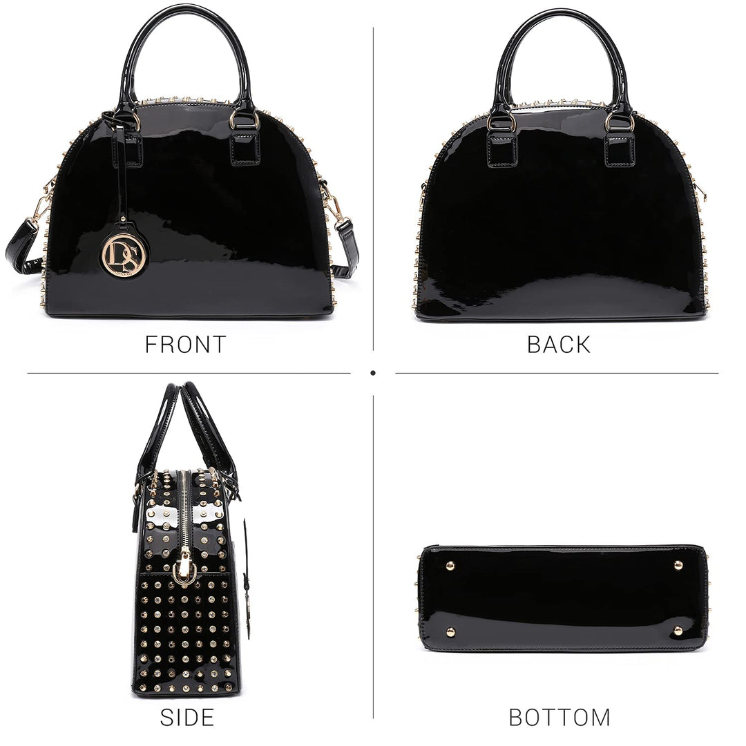 Women Patent Leather Purses Handbags Dome Satchel Purse Work Tote Structured Shoulder Bag with Long Strap (Dark coffee)