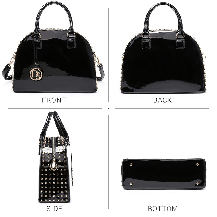 Women Patent Leather Purses Handbags Dome Satchel Purse Work Tote Structured Shoulder Bag with Long Strap (Dark coffee)