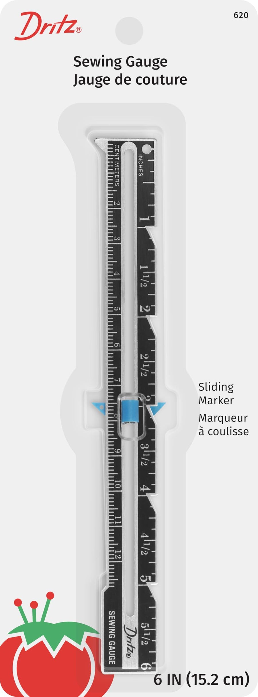 6 Sliding Marker Sewing Gauge, Nickel with Black Printing and Blue Slider