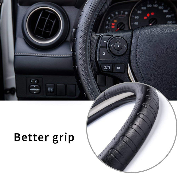 Fms Genuine Leather Car Steering Wheel Cover Universal 15.5 Inch Automotive Interior Accessories-Black, Durable, Breathable, Anti Slip, Odorless