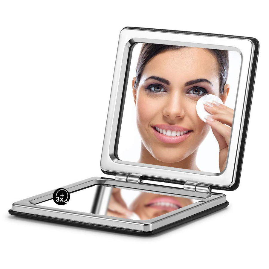 Compact Mirror, Classical PU Leather 1X/3X Magnification, Pocket Ultra Portable for Purses and Travel (Black)