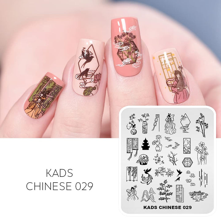 Nail Stamping Plates Stamper Set Chinese Style 2 Stamp Templates + 1 Silicone Stamper (Beauty & Cat)