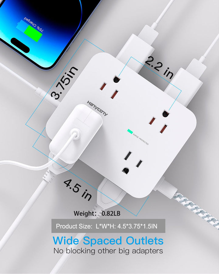 Surge Protector Power Strip - 8 Outlets 4 USB (2 USB C) Charging Ports, Multi Plug Outlet Extender, 5Ft Braided Extension Cord, Flat Plug Wall Mount Desk Charging Station for Home Office ETL