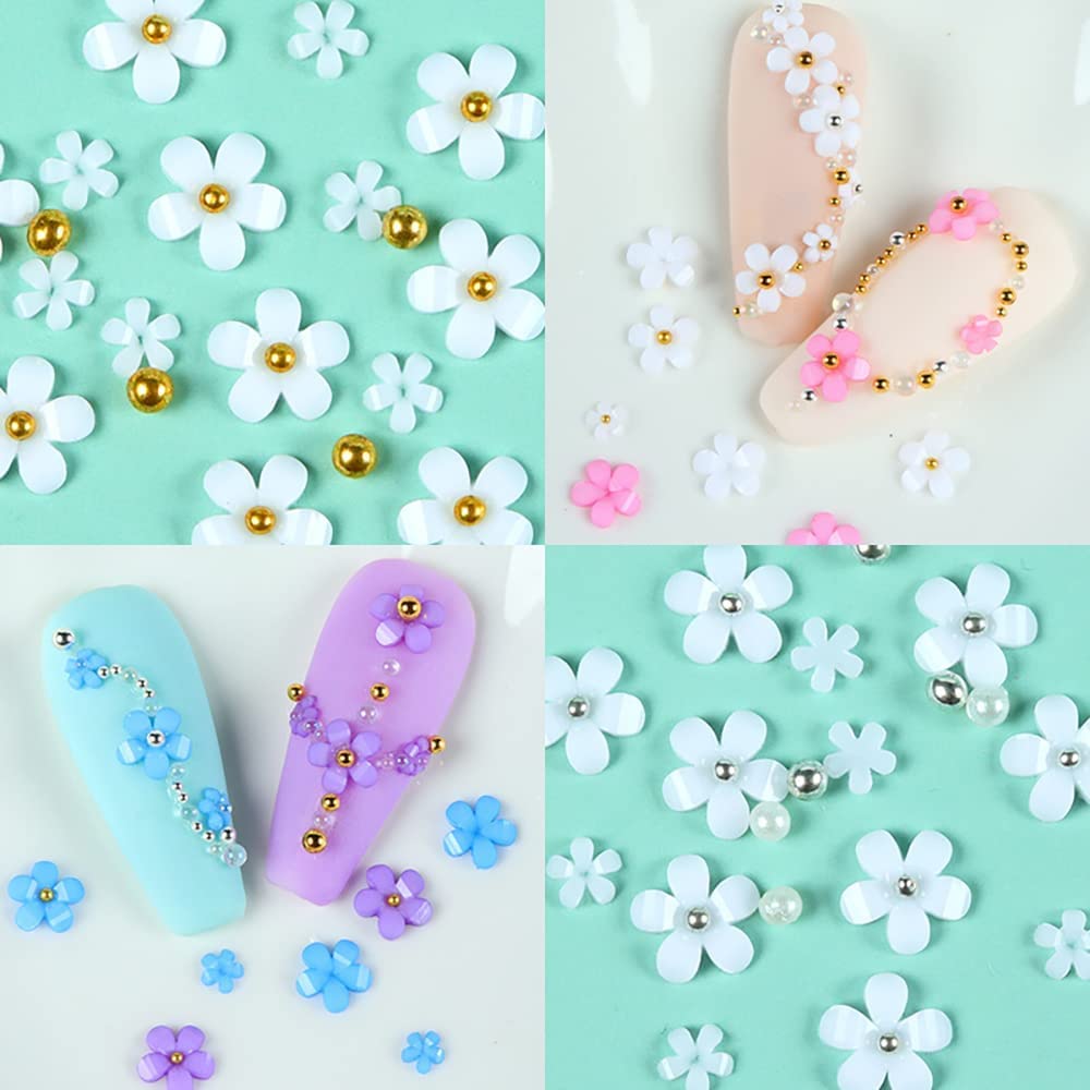 Flower Nail Art Charms 6 Boxes Luxury 3D Flower Nail Art Supplies White Pink Purple Flower Light Change Gold Silver Beads Design DIY Acrylic Nail Art Accessories for Women Girls