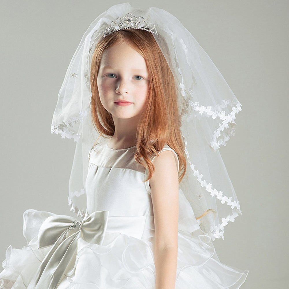 Frcolor Girl's 2 Layers Veils Ivory Lace Flower Veil Hair Accessory with Tiara Crown for Party