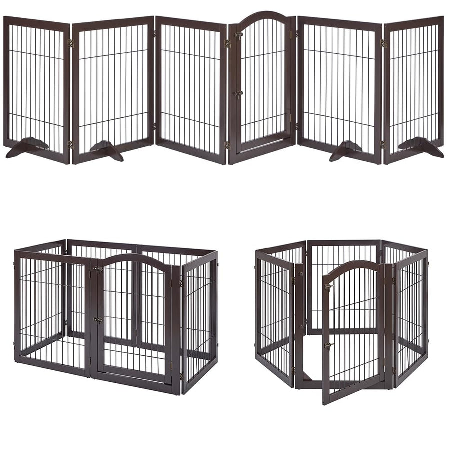 144 Extra Wide Dog Gate and Pet Playpen, Free Standing Tall Dog Fence with Walk Through Door, Barriers for Home, Use as Indoor Cats Pen, Rabbit Pen, Espresso