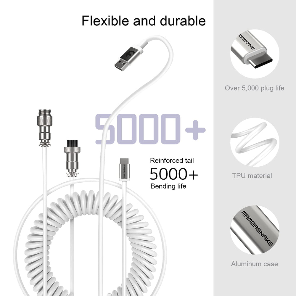 C01 Custom Coiled USB C to A Cable with Detachable Double Sleeved Spiral Cable Extendable Spring Line Metal Aviator for PlayStation Xbox Keyboard Mouse USB Flash Drive Printer(White)