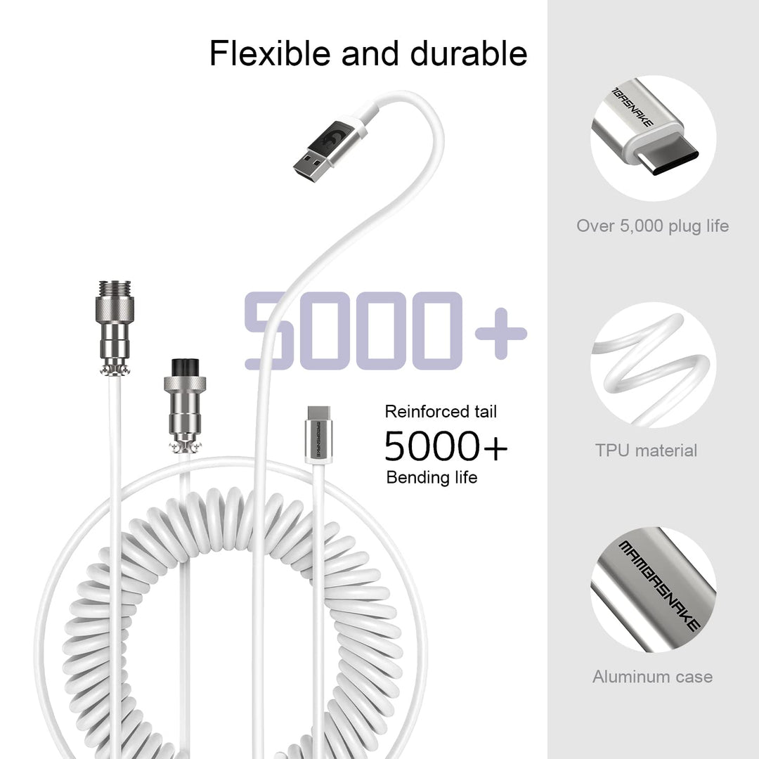 C01 Custom Coiled USB C to A Cable with Detachable Double Sleeved Spiral Cable Extendable Spring Line Metal Aviator for PlayStation Xbox Keyboard Mouse USB Flash Drive Printer(White)