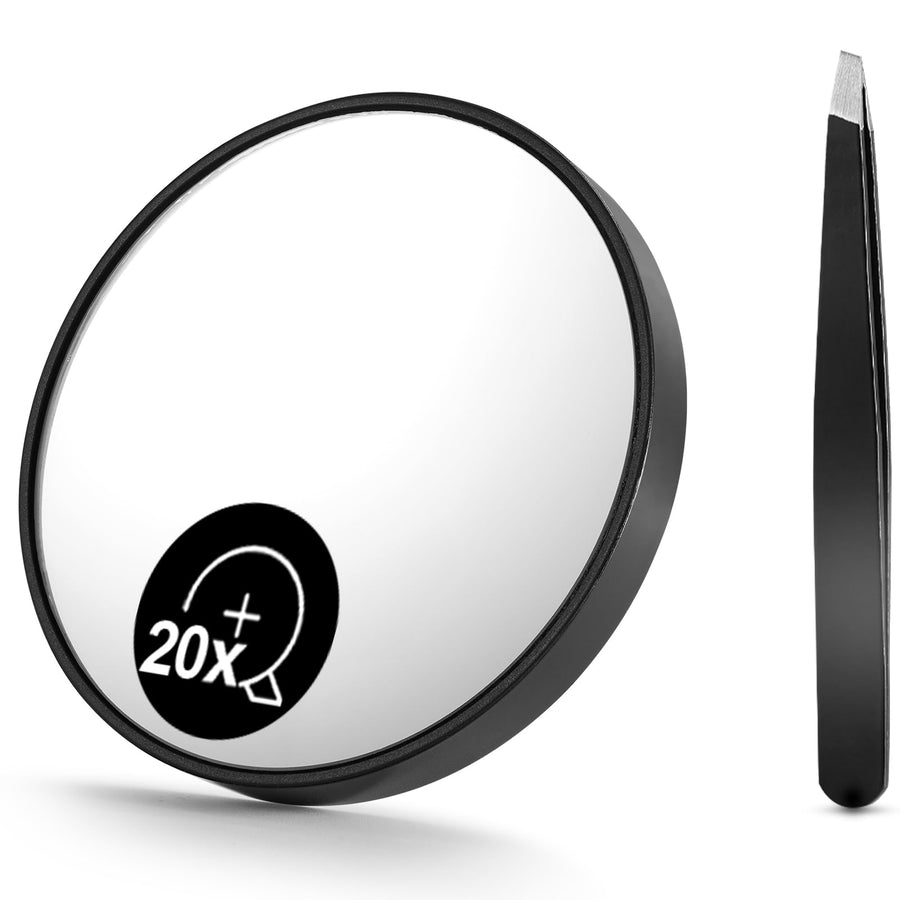 20X(200R) Magnifying Mirror and Eyebrow Tweezers Kit, 3.5 Two Suction Cups Magnifier Travel Set