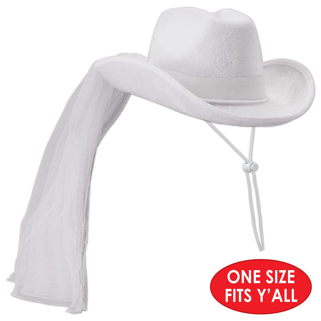 Western Bride’s Cowboy Hat & Veil – One Size Fits Most, Adjustable Chin Strap, Bachelorette Outfit for Bride, Bachelorette Veil for Bride, Novelty Bridal Shower Hat