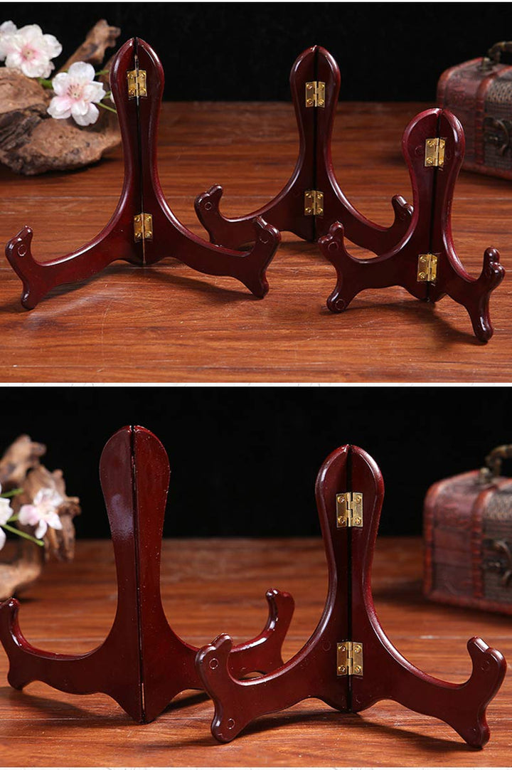 4 Pieces Wooden Easel Mahogany Finish Display Stand Plate Holder Picture Frame Folding Display Stand (7 Inches)