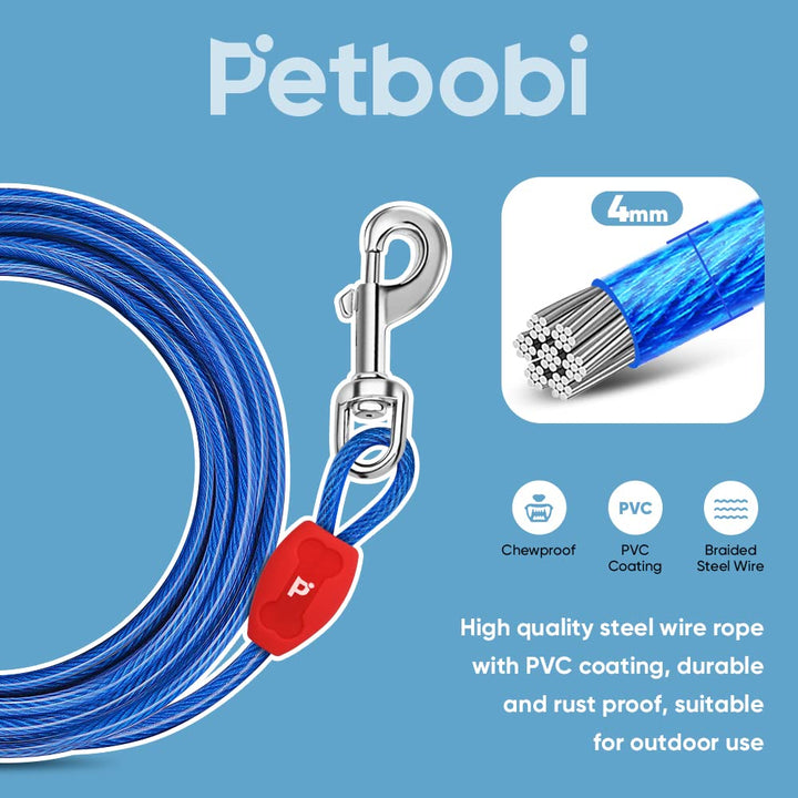 Dog Tie-Out Cable 30ft - Outdoor Leash 4mm Metal Cable with Shock Absorbing Spring 360° Swivel Clips, Chain for Dogs Yard Camping, Fit Small Medium Large Pets Up to 120lbs, Blue