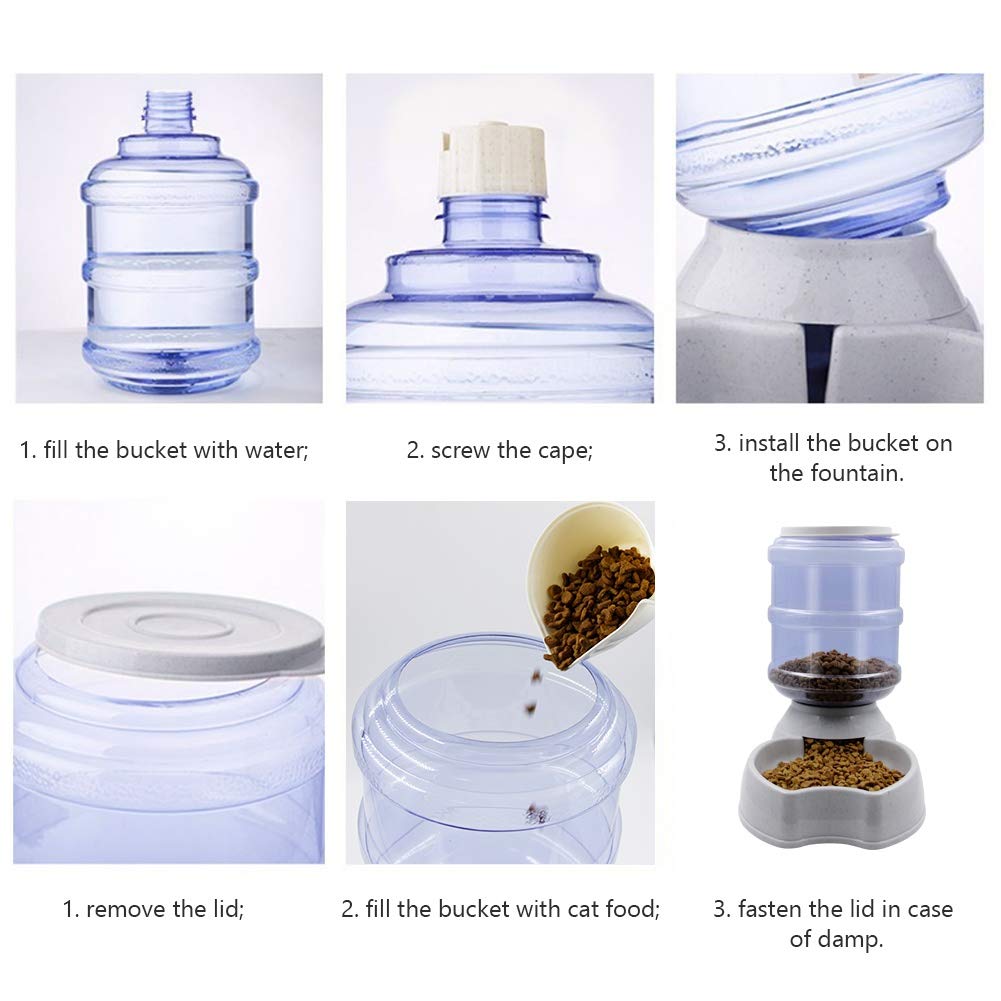 Automatic Cat Feeder and Water Dispenser Set, 1 Gal x 2 Gravity Dog Water Fountain Pet Food Feeder (Grey)