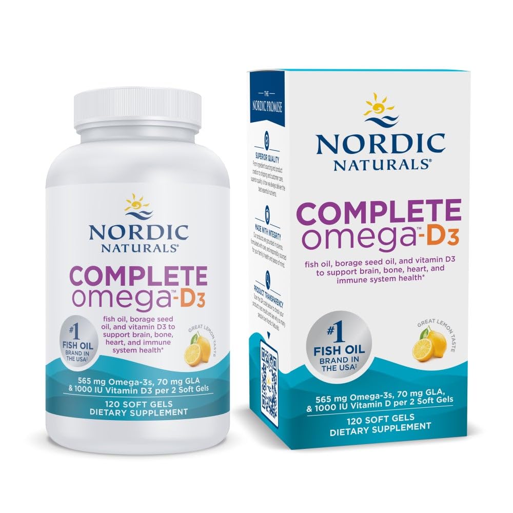 Complete Omega-D3, Lemon Flavor - 120 Soft Gels - 565 mg Omega-3 + 70 mg GLA + 1000 IU Vitamin D3 - EPA & DHA - Healthy Skin, Cognition, Positive Mood - Non-GMO - 60 Servings