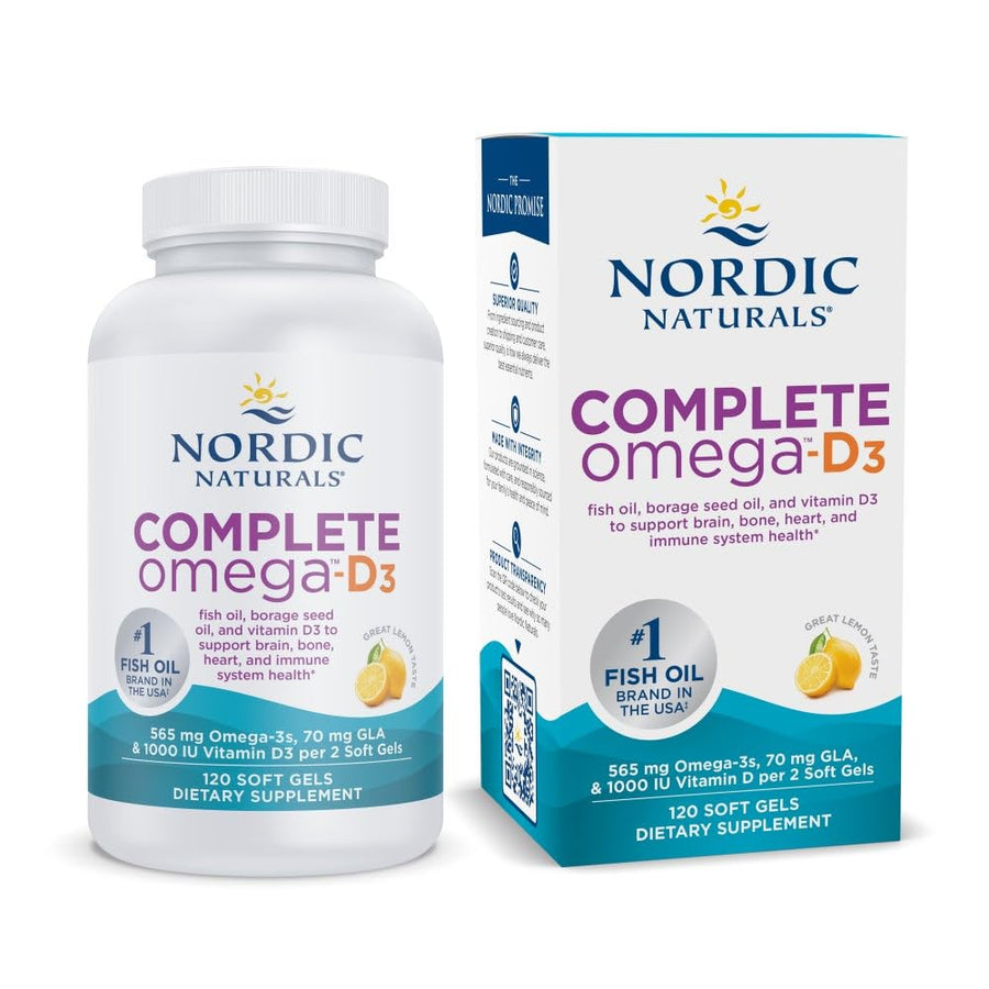Complete Omega-D3, Lemon Flavor - 120 Soft Gels - 565 mg Omega-3 + 70 mg GLA + 1000 IU Vitamin D3 - EPA & DHA - Healthy Skin, Cognition, Positive Mood - Non-GMO - 60 Servings