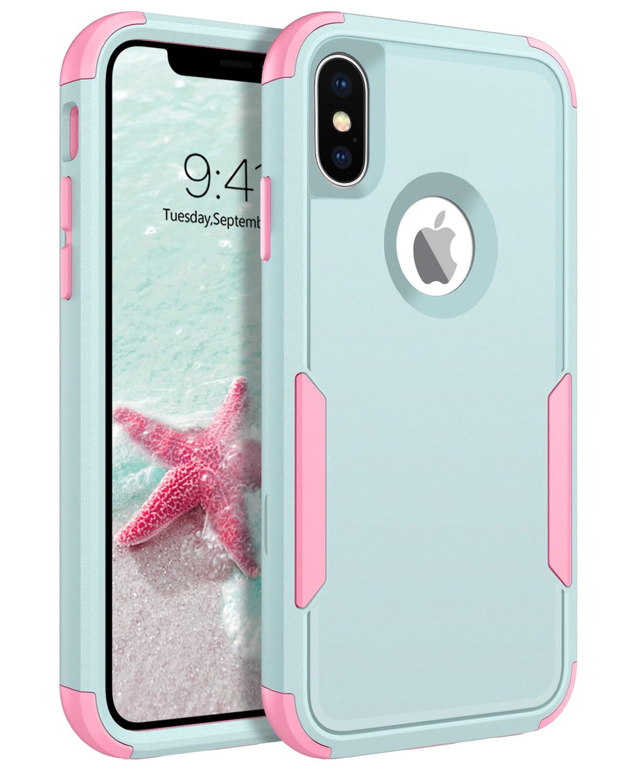 for iPhone X Case, iPhone Xs Case, 3 in 1 Heavy Duty Rugged Hybrid Hard PC Soft TPU Bumper Shockproof Non-Slip Protective Cases Cover for iPhone X (2017) / iPhone Xs (2018) 5.8, Green/Pink