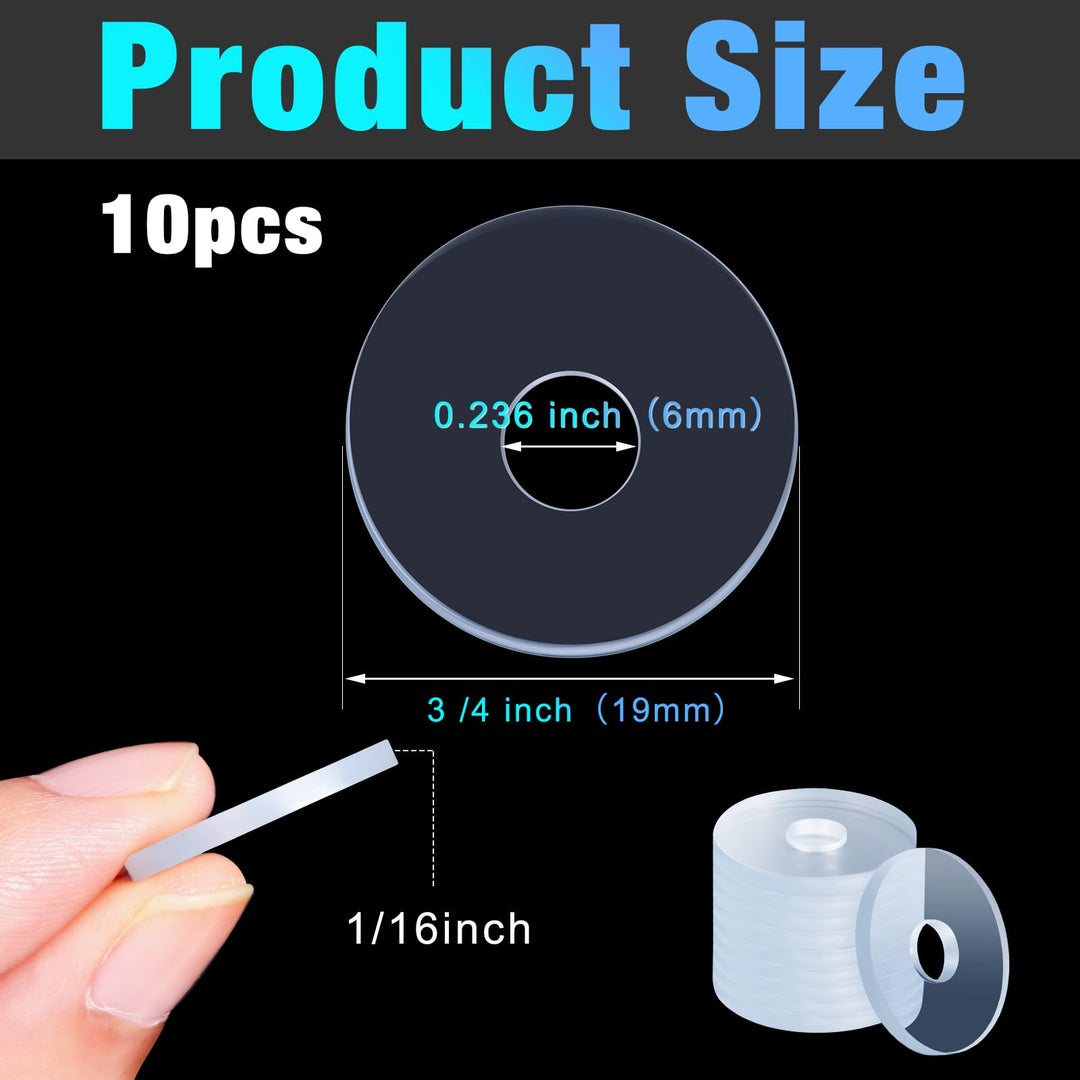 10 Pcs 3/4 Inch Plastic Washers Flat Clear Vinyl Replacement Washer Flat Washer Gasket 1/16 Inch Thick Plastic Spacers for Glass Shower Door Handle Replacement, Towel Bars, Washer Door Prop